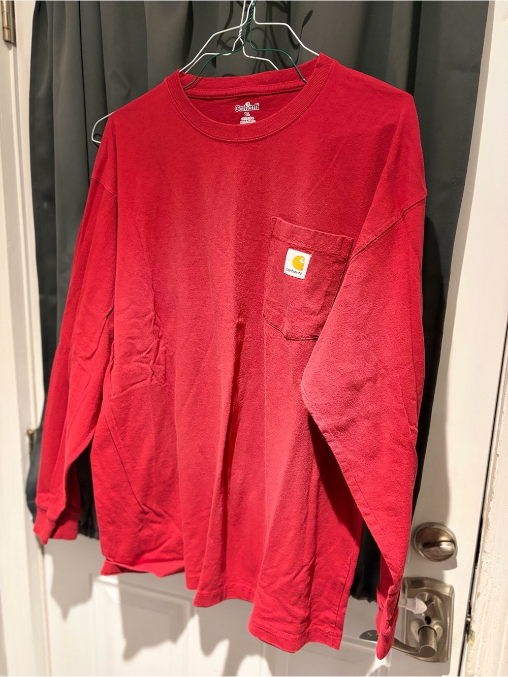 Carhartt Red Long-Sleeve Pocket Tee with Logo Patch